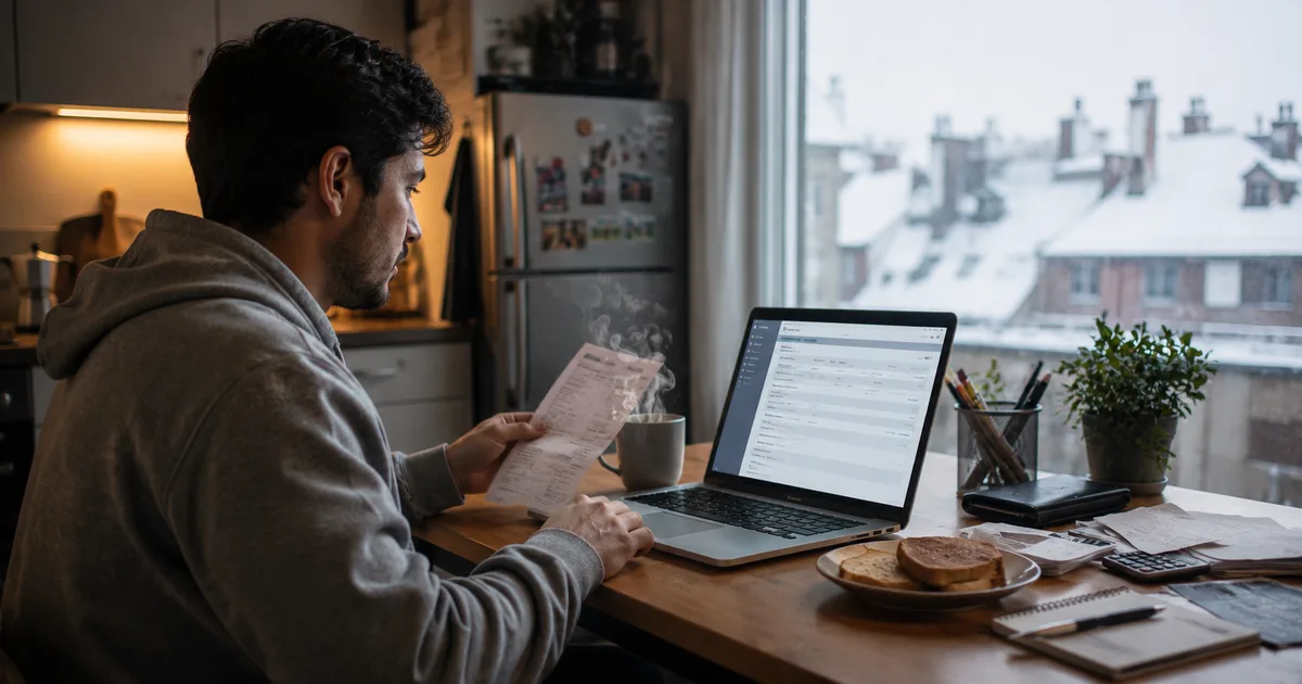 Ecuatoriano en el exterior declarando impuestos del SRI desde la laptop en la cocina de su apartamento