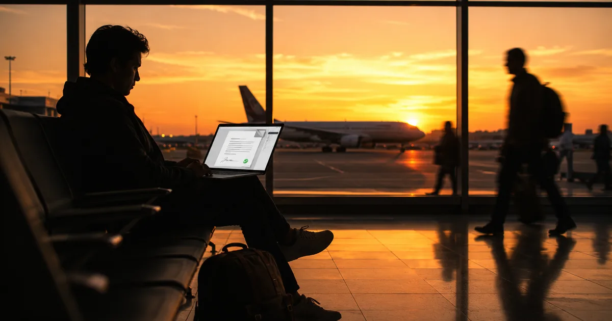 Migrante ecuatoriano firmando un documento electrónico desde su laptop en un aeropuerto al amanecer