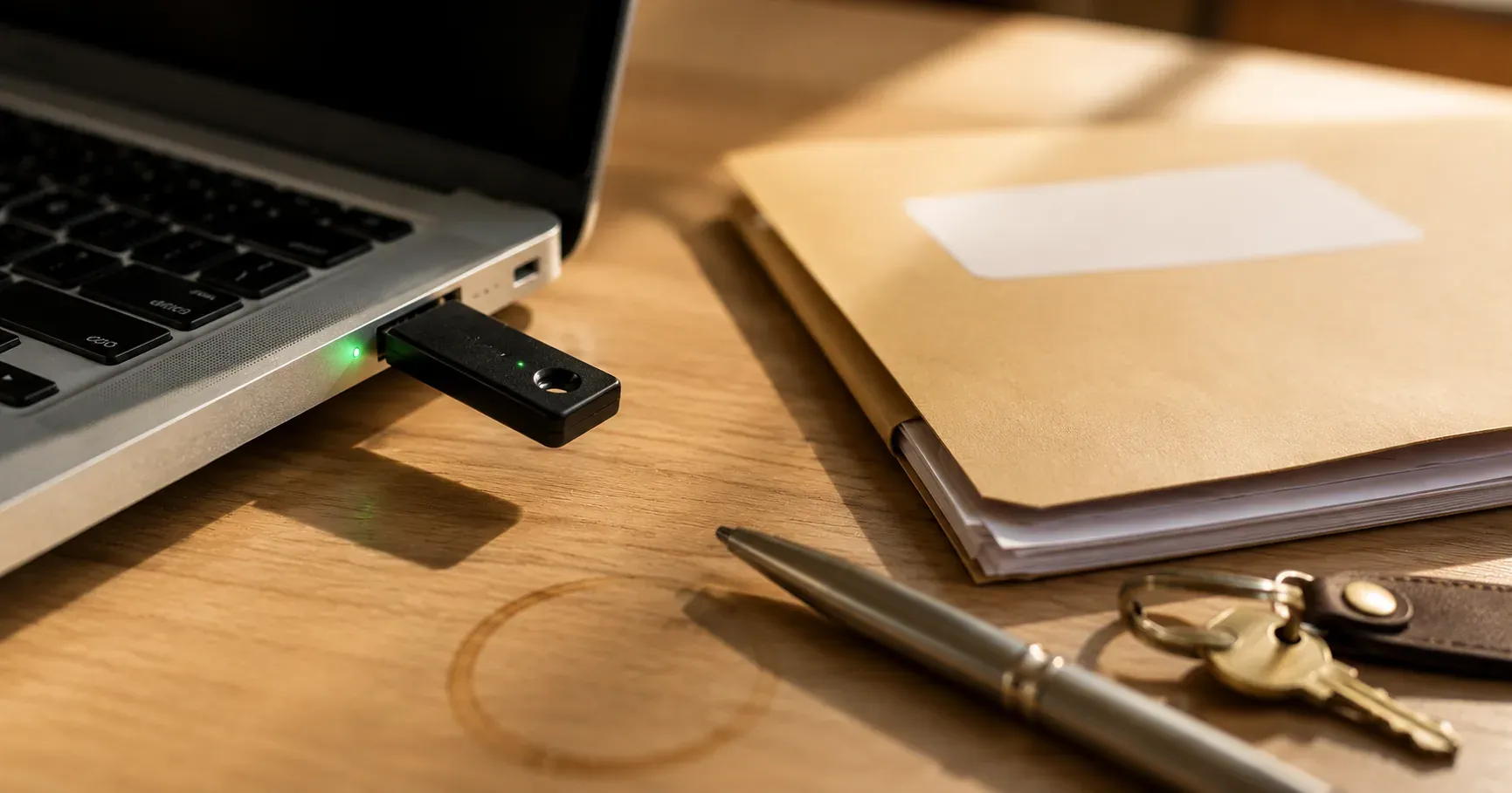 Token USB de firma electrónica junto a un archivo .p12 en la pantalla de un computador en Ecuador