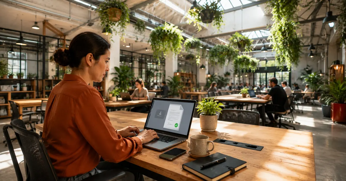 Mujer descargando FirmaEC y firmando un documento digital en su laptop en un coworking