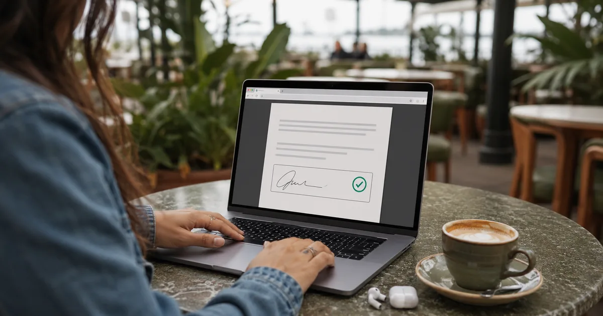Mujer firmando un documento PDF en línea desde el navegador de su laptop en la mesa de un café