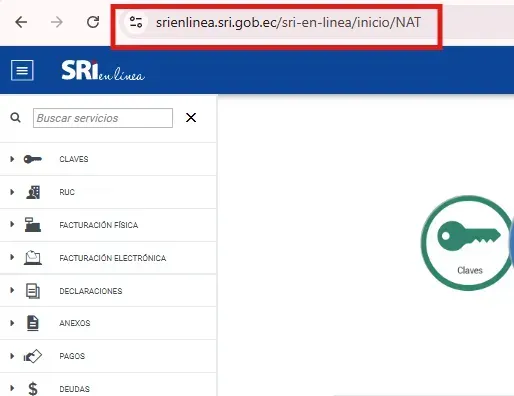 Barra de direcciones del navegador con la URL oficial srienlinea.sri.gob.ec resaltada