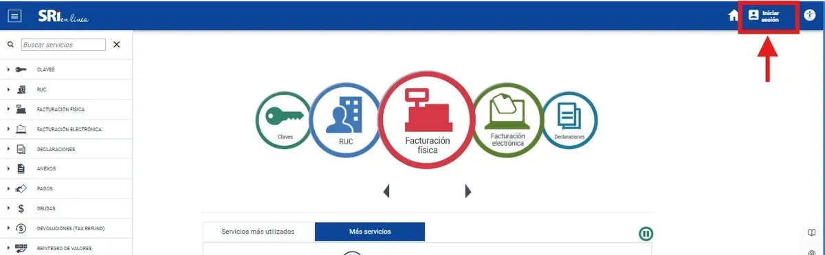 Portal SRI en Línea con el botón Iniciar sesión resaltado en la esquina superior derecha
