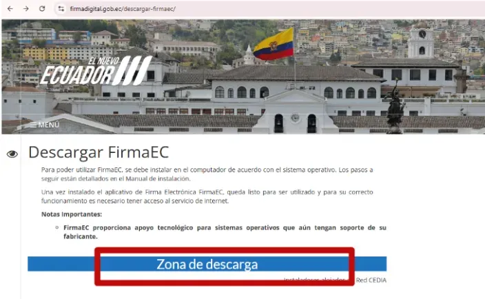 Página Descargar FirmaEC con la sección Zona de descarga resaltada