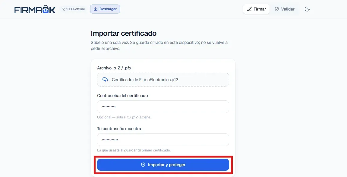 Botón «Importar y proteger» resaltado en el firmador de FirmaOK