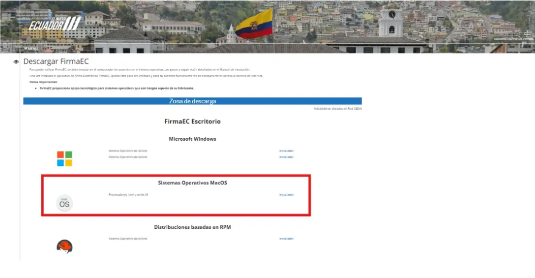 Zona de descarga de FirmaEC Escritorio con la opción Sistemas Operativos MacOS resaltada