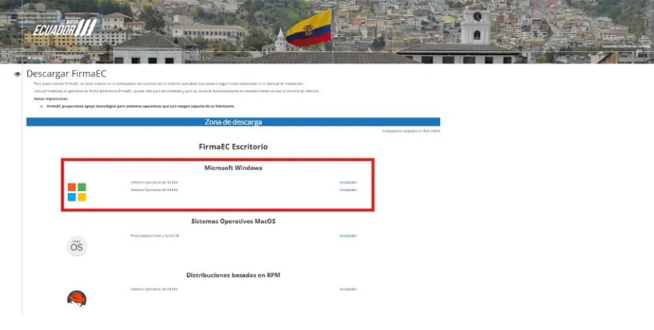 Zona de descarga con la sección Microsoft Windows resaltada