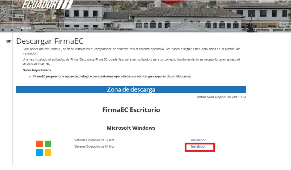 Enlace Instalador de Windows 64 bits resaltado en la Zona de descarga