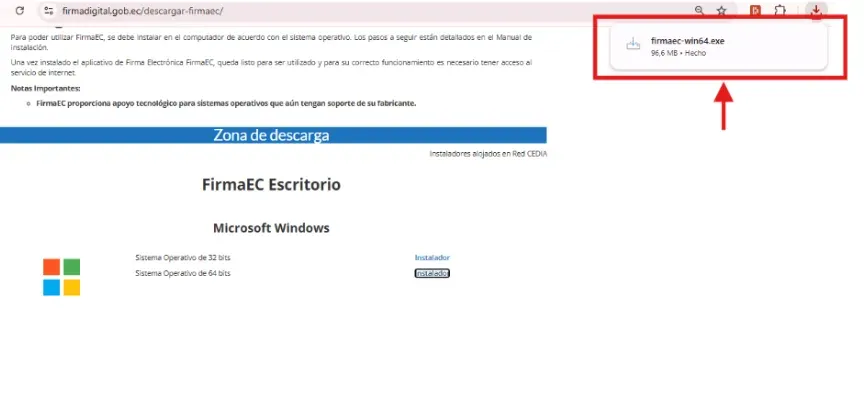 Descarga del archivo firmaec-win64.exe completada en el navegador