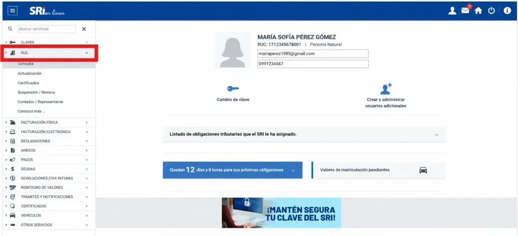 Menú lateral de SRI en Línea con la sección RUC resaltada y sus opciones desplegadas
