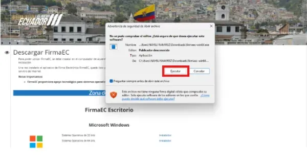 Advertencia de seguridad de Windows con el botón Ejecutar resaltado