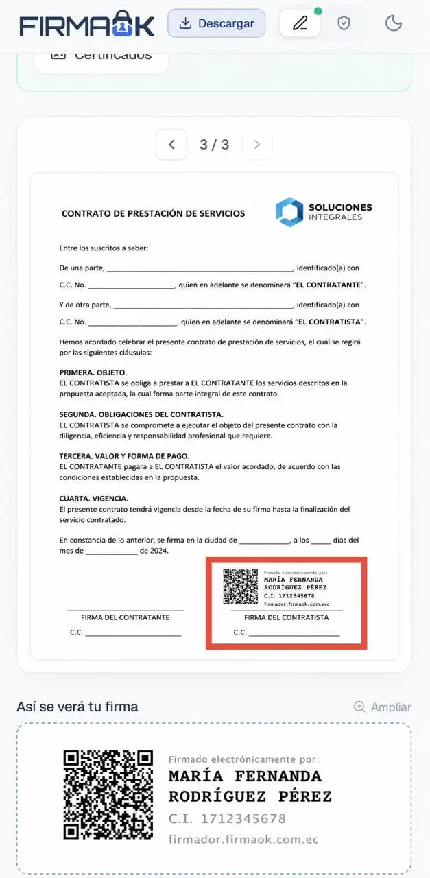 Sello de la firma electrónica estampado sobre un contrato en el firmador de FirmaOK en el celular, con la vista previa «Así se verá tu firma»