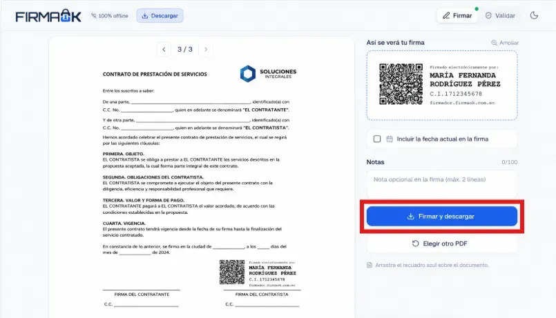 Botón «Firmar y descargar» resaltado en el firmador de FirmaOK, con el documento listo para firmar