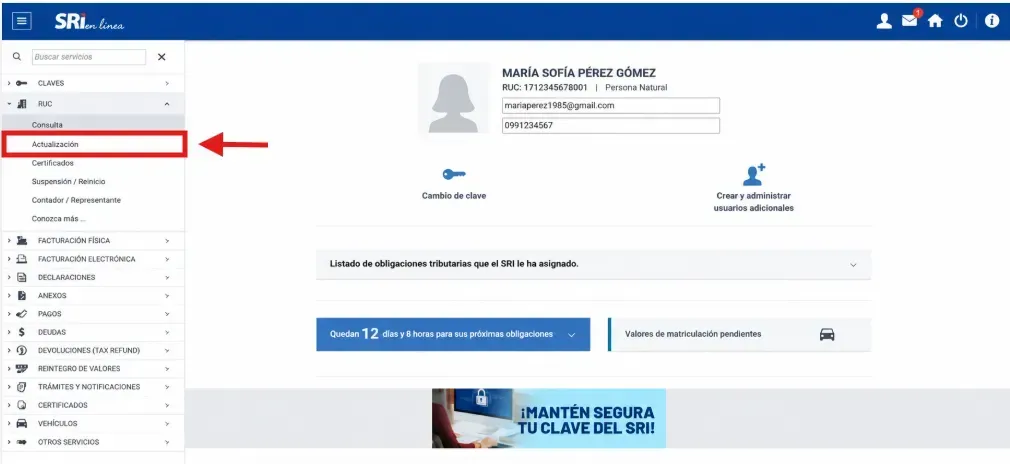 Menú RUC de SRI en Línea con la opción Actualización resaltada