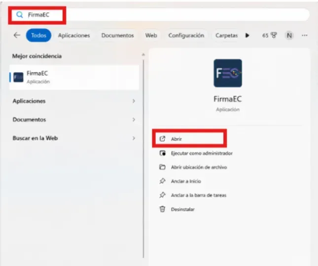 Buscador de Windows con FirmaEC escrito y la opción Abrir resaltada