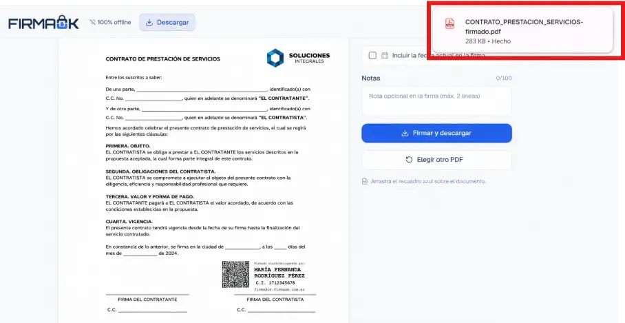 Notificación de descarga del navegador con el PDF firmado por el firmador de FirmaOK