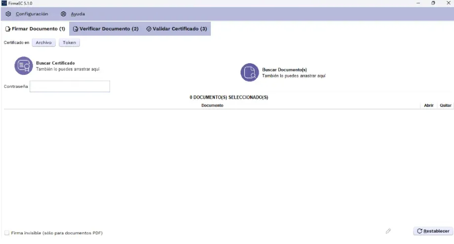 Pantalla principal de FirmaEC instalada en Windows con las pestañas Firmar, Verificar y Validar