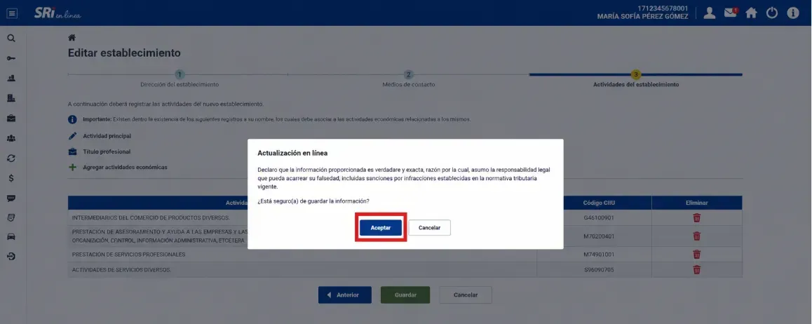 Ventana de confirmación de la actualización en línea con el botón Aceptar resaltado