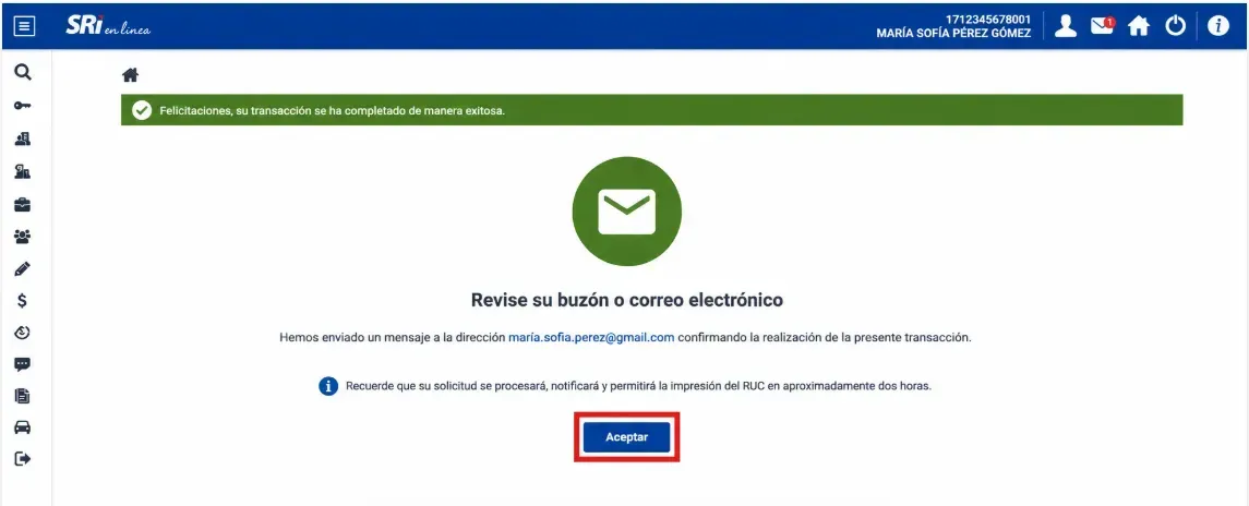 Mensaje de transacción exitosa de SRI en Línea con el aviso de revisar el correo electrónico y el botón Aceptar resaltado