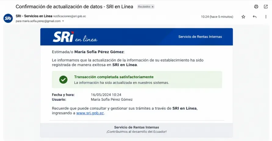 Correo de confirmación de actualización de datos enviado por SRI en Línea a la bandeja de entrada del contribuyente
