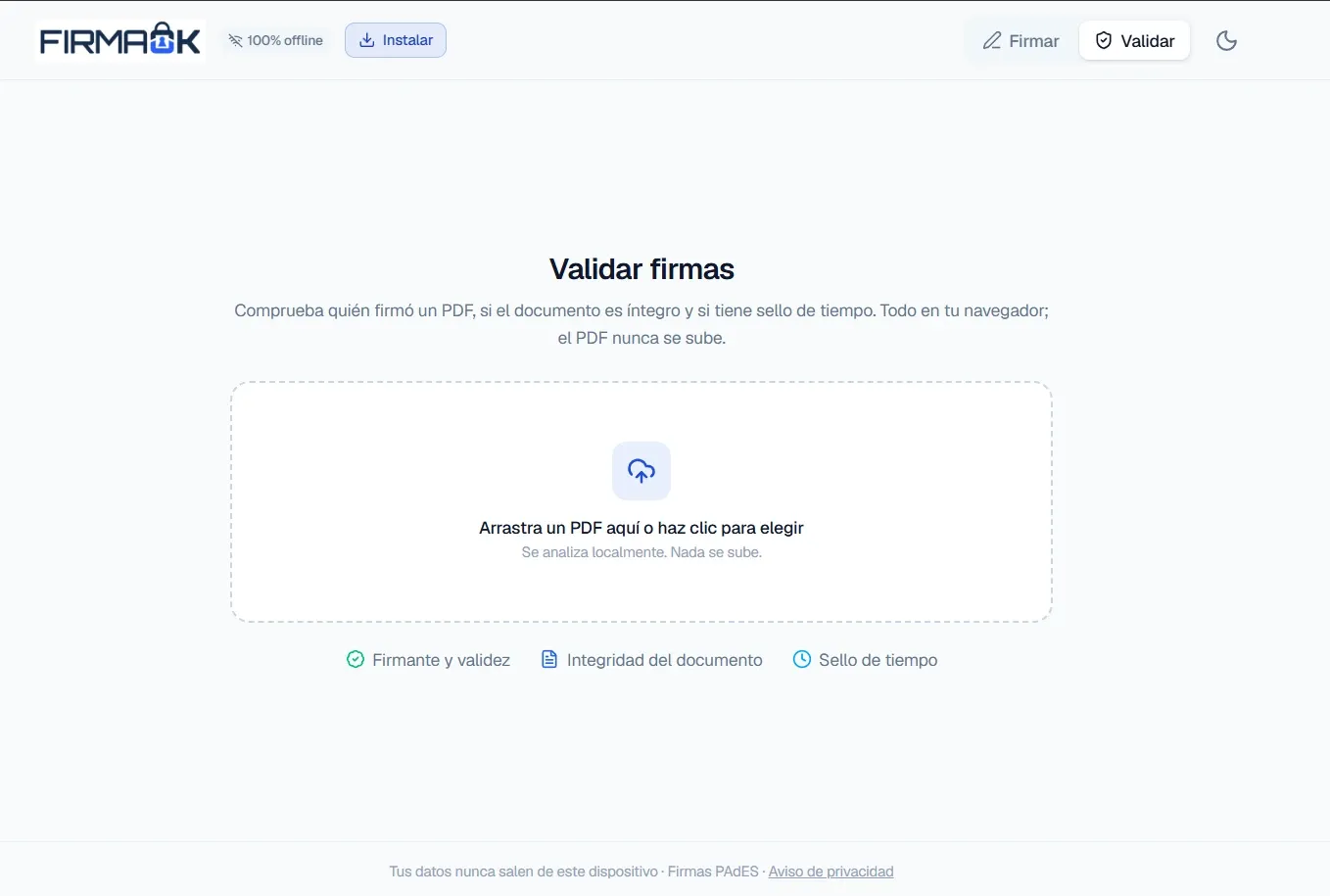 Vista «Validar firmas» del validador de FirmaOK con la zona para arrastrar o subir un PDF y la pestaña «Validar» seleccionada