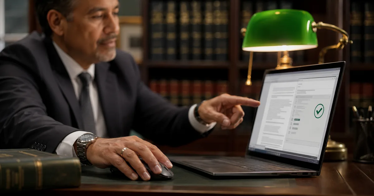 Abogado verificando en su laptop la validez de un documento firmado electrónicamente en Ecuador
